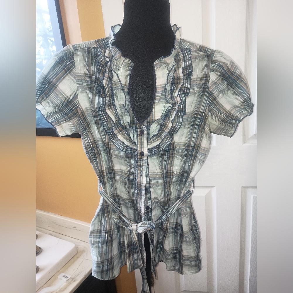 Forever 21 Plaid Ruffle Blouse - Blue and White